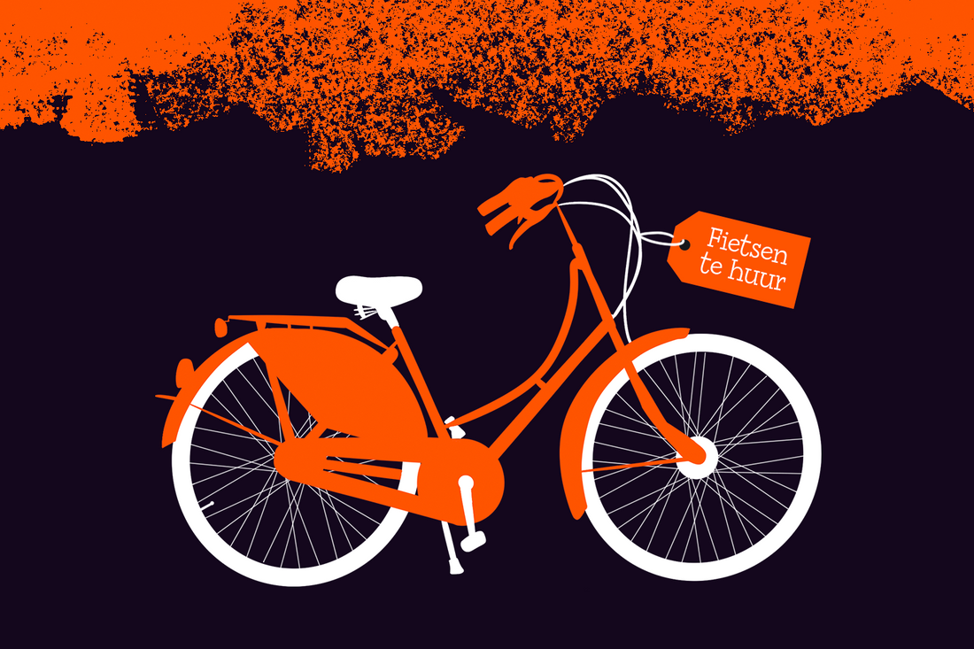 Illustration of an orange Omafiets with the text Fietsen te huur written on tag hanging off the bike.