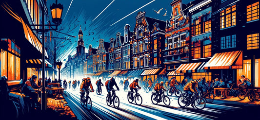 Illustration of cyclists pedaling down a Dutch street in the evening