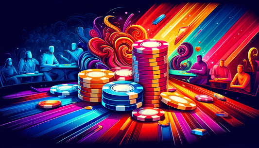 Colorful illustration of casino chips on a poker table with people in the background