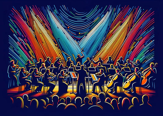 Colorful illustration of an orchestra playing on stage