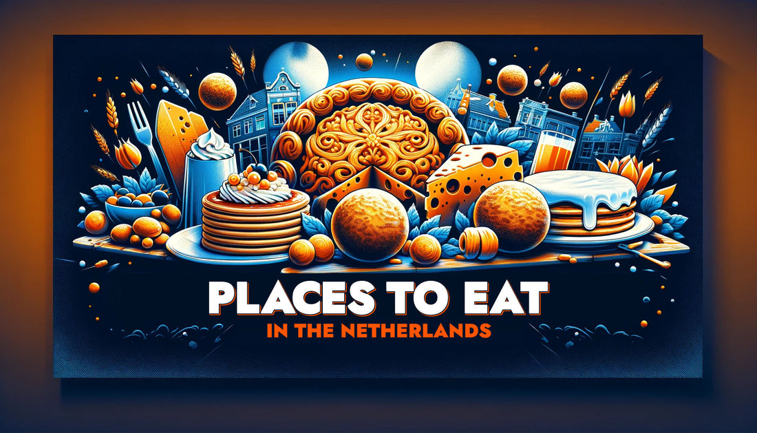 A variety of Dutch foods illustrated with the text "Places To Eat In The Netherlands" underneath.
