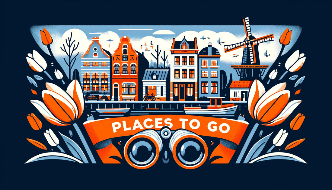 Dutch storefronts illustrated with a pair of binoculars in the foreground and the text "Places to Go".