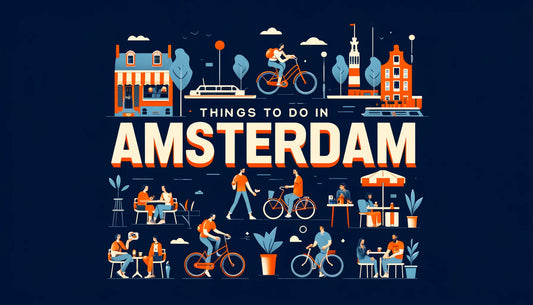 Illustration of various activities to do in Amsterdam with the text "Things to do in Amsterdam"