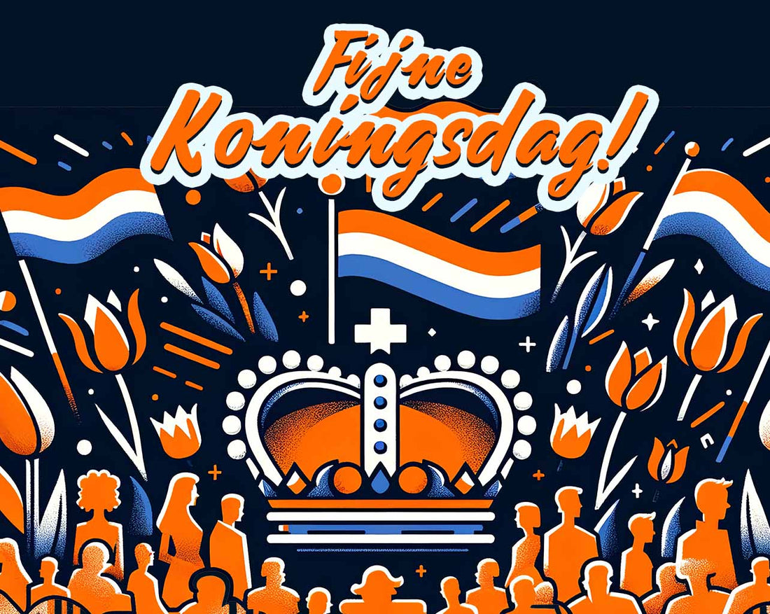 Illustration of a crown surrounded by people and tulips with the text "Fijne Koningsdag" on top