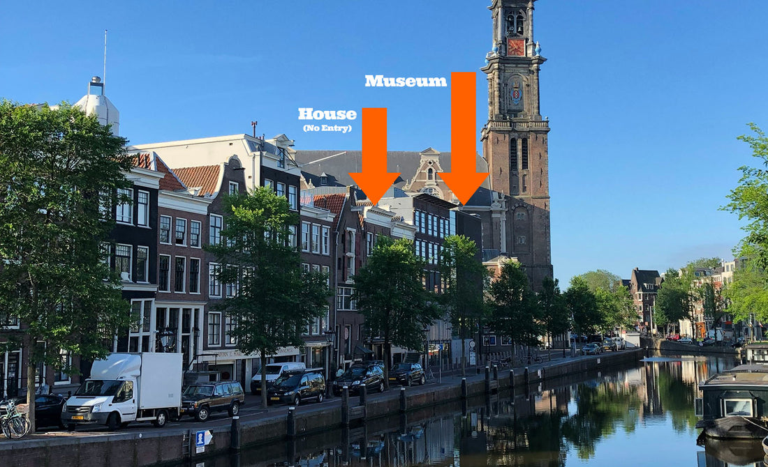 Photo of the Anne Frank Huis and Museum with arrows indicating each.