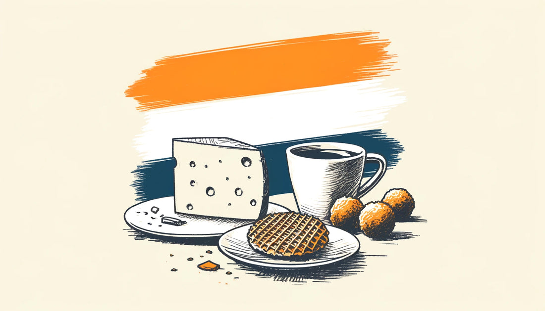 Illustration of some Dutch foods in front of a faded Dutch flag/stripes.