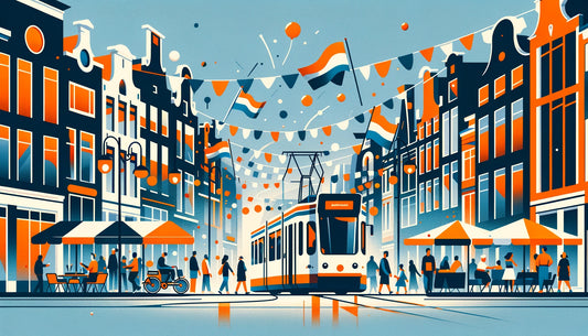 Colorful illustration of celebrations going on as a tram passes down a street in a Dutch town.