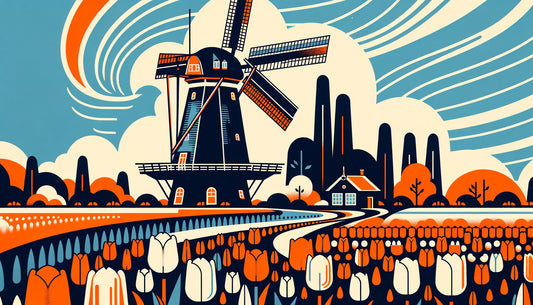 Illustrated tulip field with a windmill and trees in the background